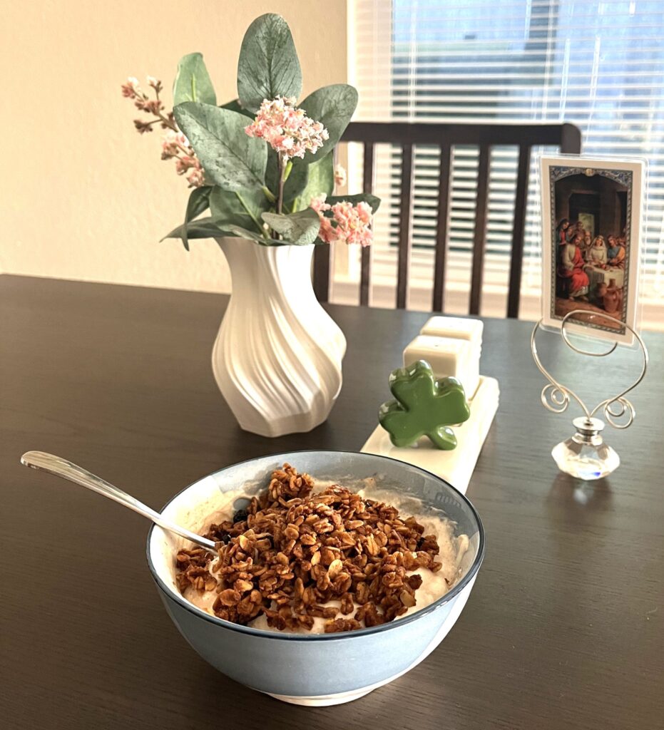 Bowl of yogurt on a kitchen table