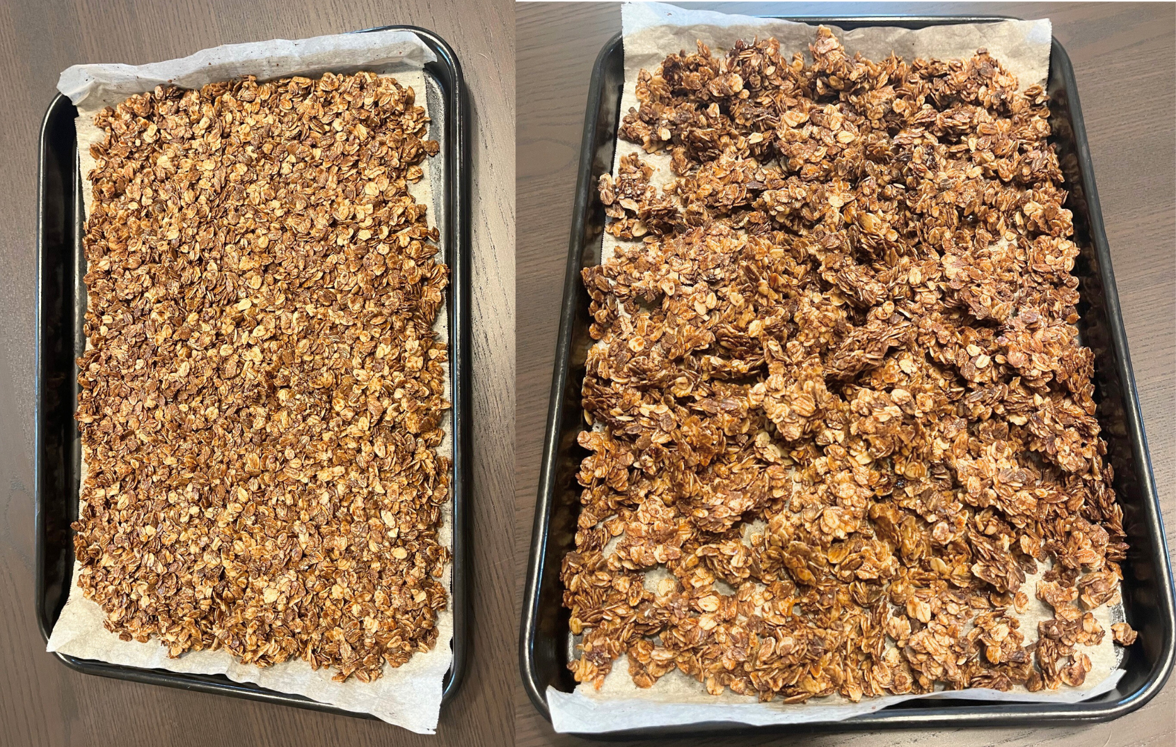 Two pans of granola next to each other.