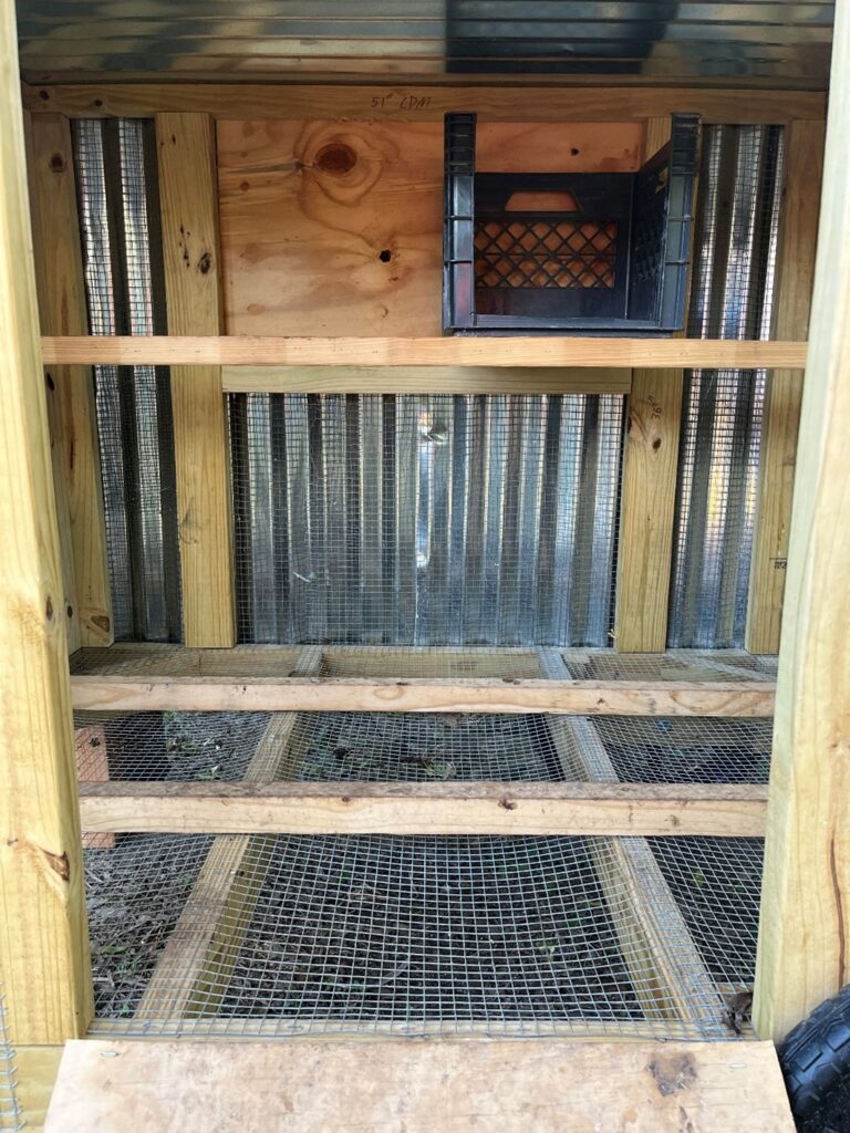 The inside of a chicken coop