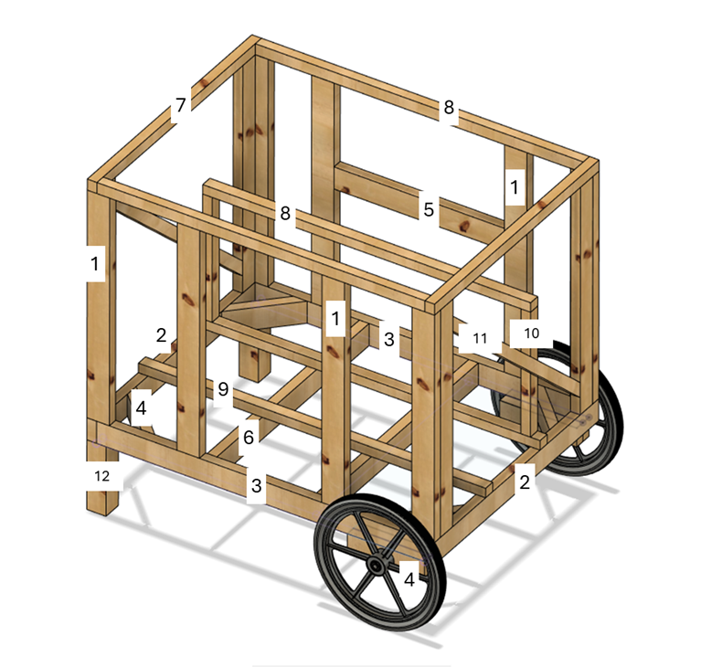 Numbered CAD design of a wooden chicken coop.